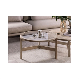 OPTIC GLAS RUNDT SOFABORD - MASSIV HVIDOLIERET ASK - Ø76 cm. Højde: 48 cm.